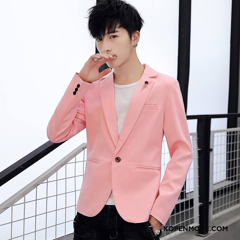 Blazer Heren Jasje Mooi Casual Trend Pak Jasje Slim Fit Roze