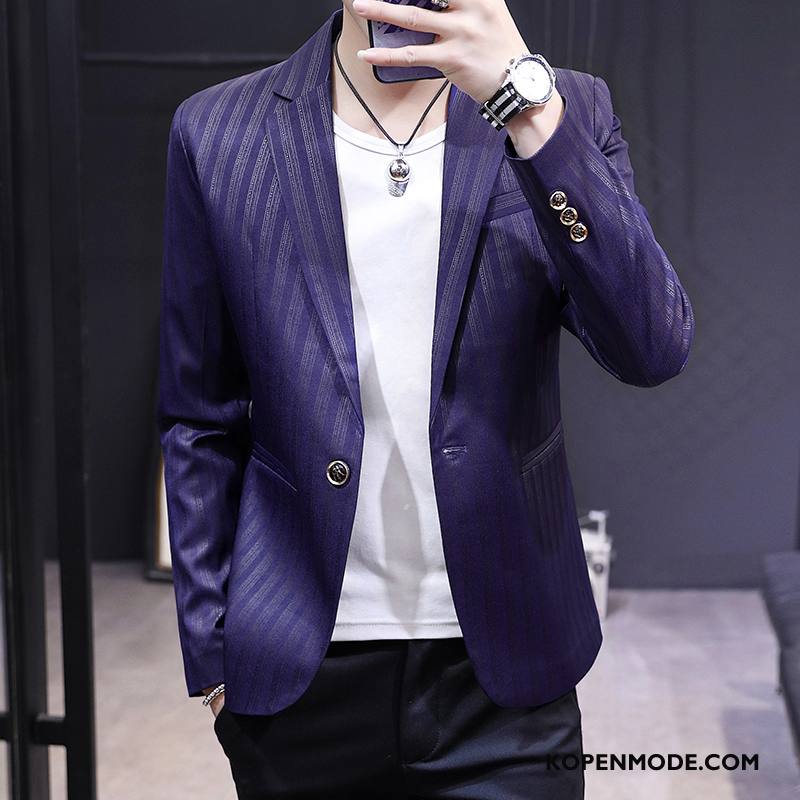 Blazer Heren Trend Pak Jasje Herfst Streep Slim Fit Mannen Zwart