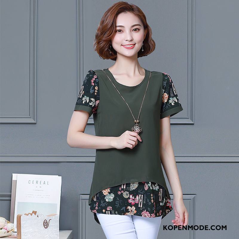 Blouses Dames Blouse Overhemd Lang Losse Kant Korte Mouw 2018 Legergroene