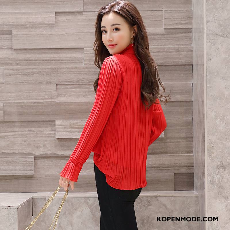 Blouses Dames Cardigan Plooien Kant Knopen 2018 Lange Mouwen Effen Kleur Rood