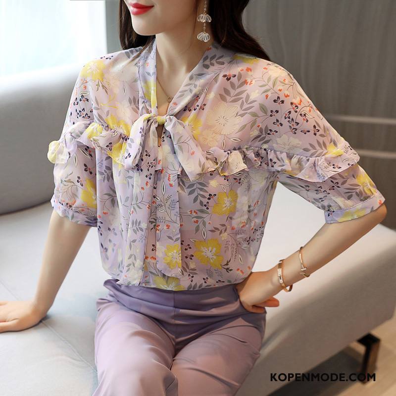 Blouses Dames Casual Elegante Eenvoudige Chiffon Zomer 2018 Effen Kleur Geel