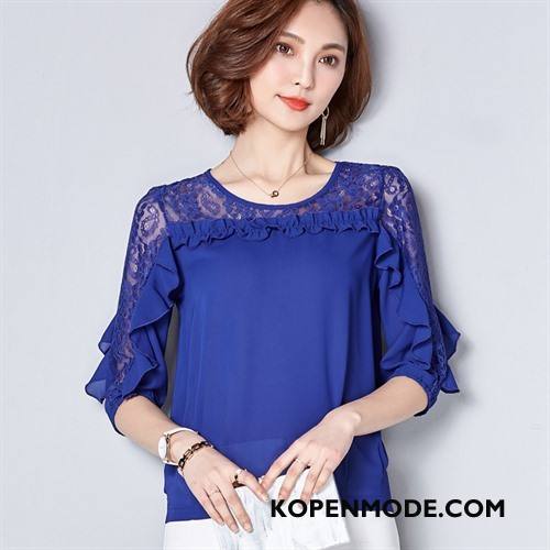 Blouses Dames Chiffon Mode Trend 2018 Elegante Ronde Hals Blauw