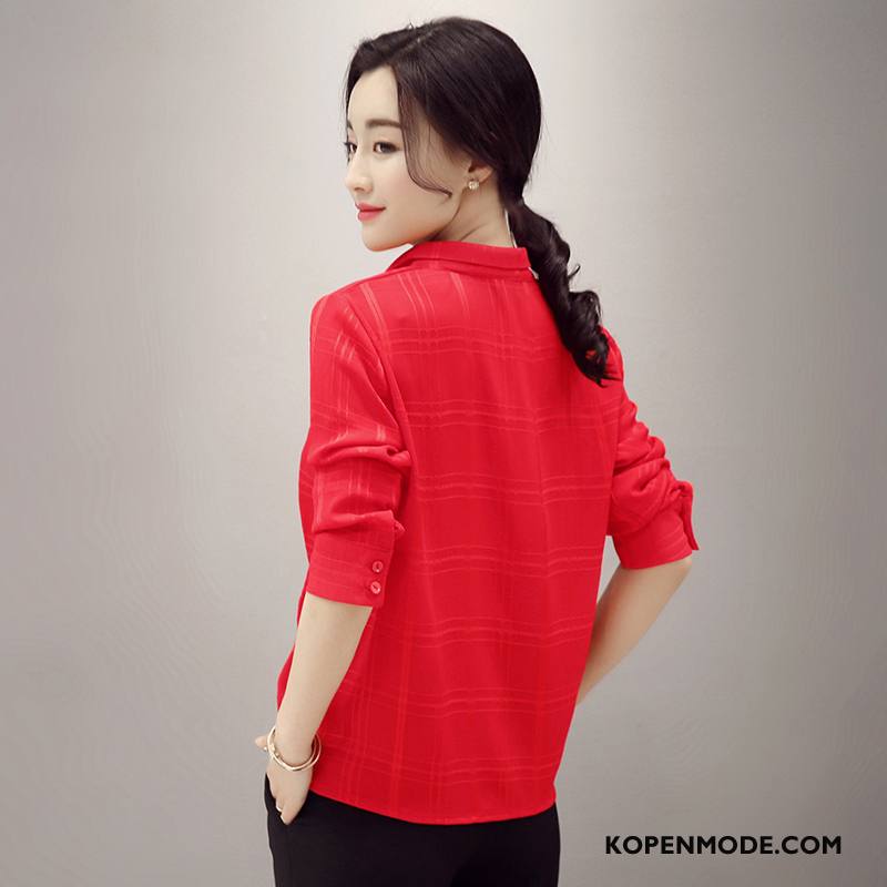 Blouses Dames Kort 2018 Voorjaar Pullover Plooien Chiffon Effen Kleur Rood