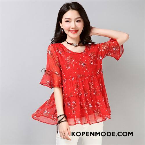 Blouses Dames Korte Mouw Elegante Kant Casual Flare Broek Ronde Hals Rood