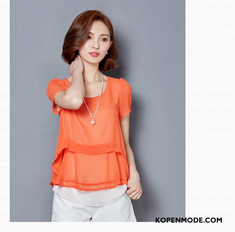 Blouses Dames Korte Mouw Trend Eenvoudige Zomer Slim Fit Chiffon Lichtgroen Effen Kleur