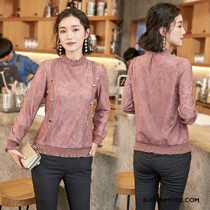 Blouses Dames Lange Mouwen Pullover Ronde Hals Mode Chiffon Elegante Abrikoos Kleur