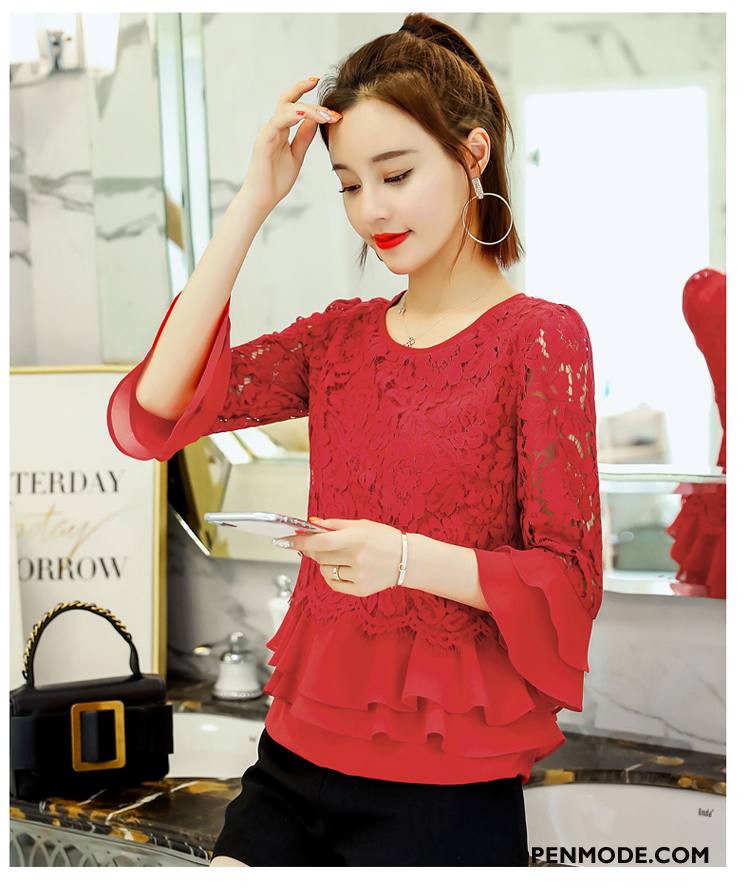 Blouses Dames Ronde Hals Mouw Chiffon Slim Fit Voorjaar Verbinding Effen Kleur Rood