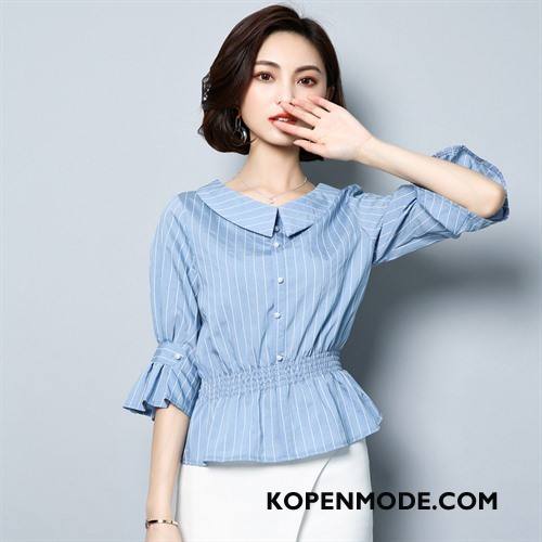 Blouses Dames Trend Kant Chiffon Casual Mode Streep Blauw Wit