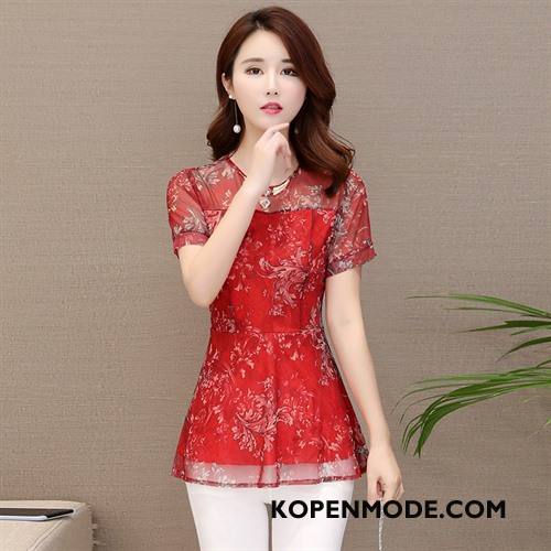 Blouses Dames Trend Korte Mouw Mode 2018 Bedrukken Ronde Hals Effen Kleur Rood