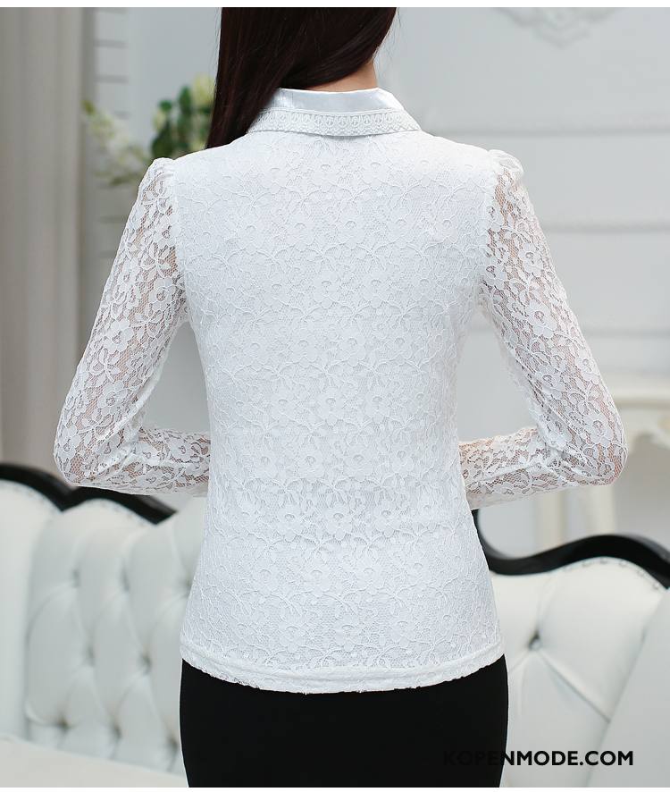 Blouses Dames Trend Voorjaar Chiffon Lange Mouwen 2018 Kant Effen Kleur Zwart