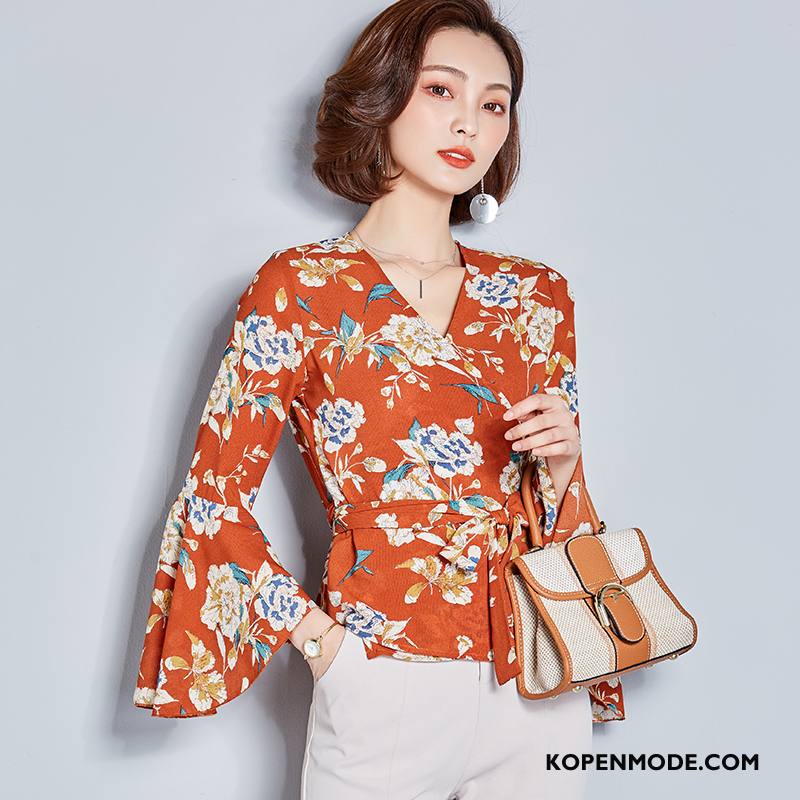 Blouses Dames Vlinderdas Voorjaar Elegante 2018 Chiffon Kant Effen Kleur Oranje