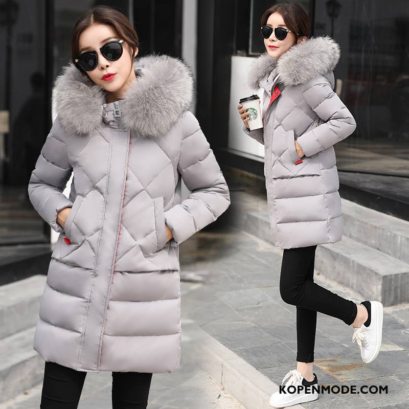 Donsjassen Dames Trend Winter Rits Lang Lange Mouwen Mode Effen Kleur Grijs Licht