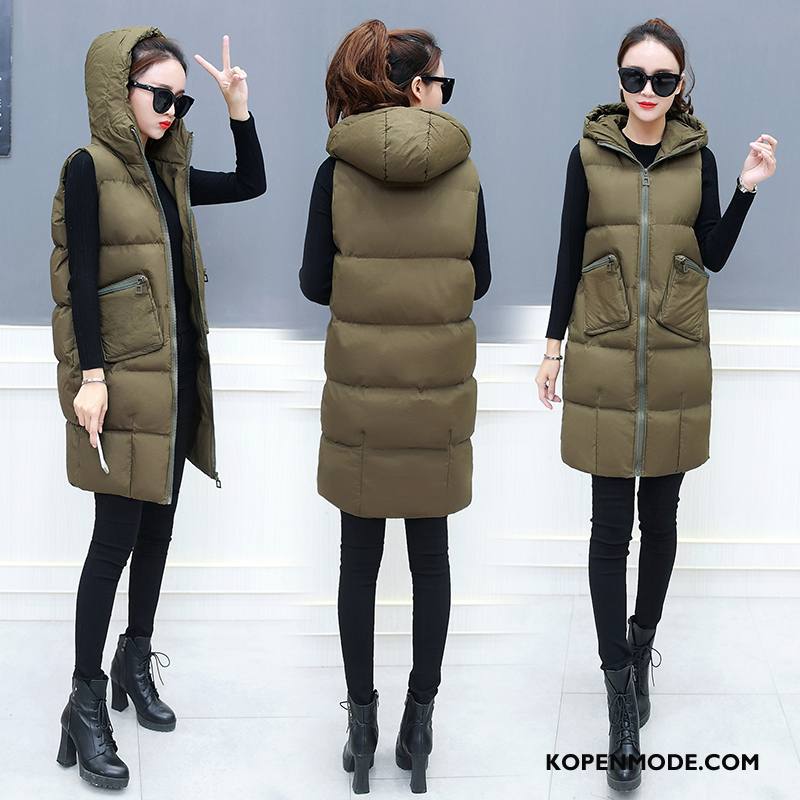 Gilet Dames 2018 Trend Jeugd Lang Letter Eenvoudige Legergroene Effen Kleur