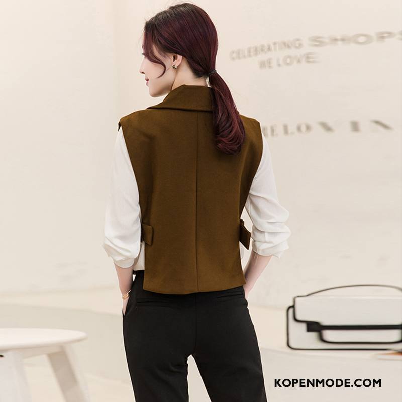 Gilet Dames Pak Kort Mode Voorjaar Dubbele Knop Elegante Effen Kleur Grijs Donker