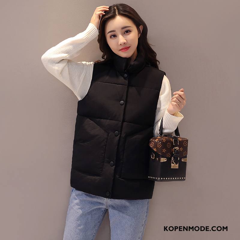 Gilet Dames Trend Decoratie Hoge Kraag 2018 Zak Winter Effen Kleur Zwart