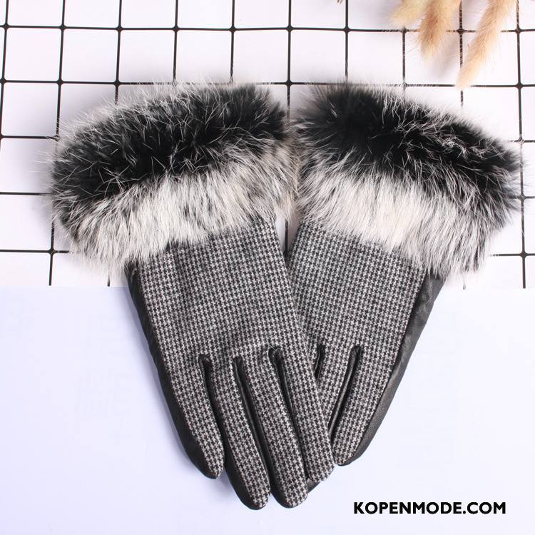 Handschoenen Dames Echt Leer Simpele Blijf Warm Pluche Twee Kleuren Konijnenbont Wit Zwart