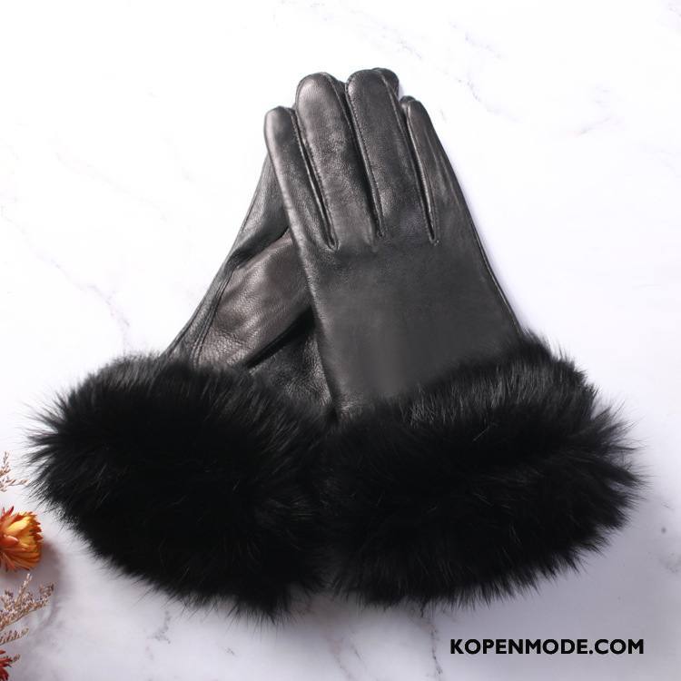 Handschoenen Dames Echt Leer Simpele Blijf Warm Pluche Twee Kleuren Konijnenbont Wit Zwart
