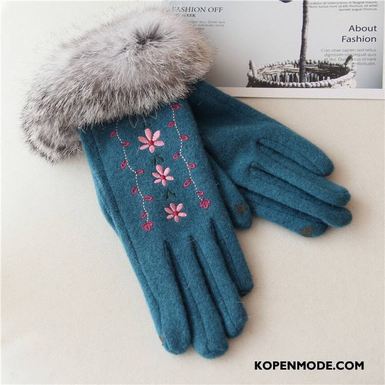 Handschoenen Dames Konijnenbont Blijf Warm Winter Pluche Borduurwerk Vintage Blauw