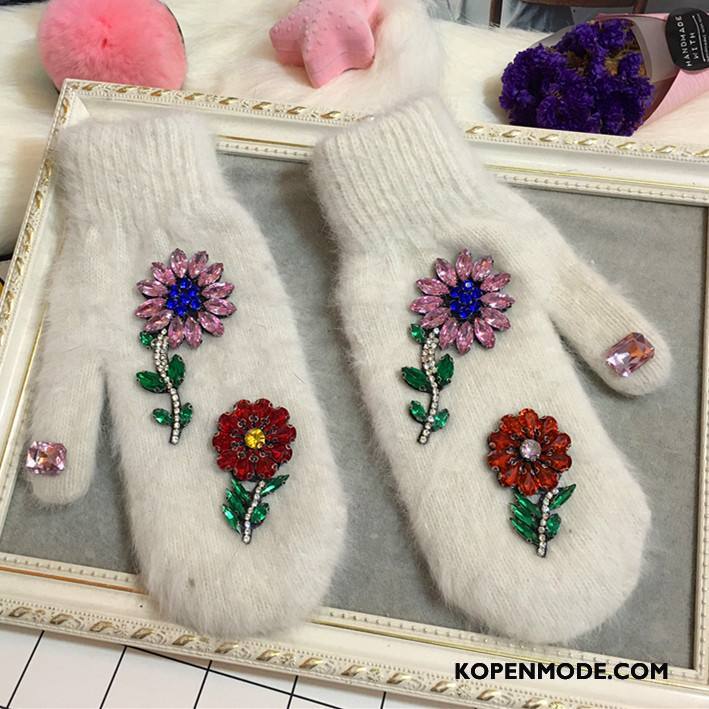 Handschoenen Dames Trend Blijf Warm Dubbele Konijnenbont Super Bloemen Wit