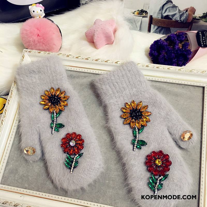 Handschoenen Dames Trend Blijf Warm Dubbele Konijnenbont Super Bloemen Wit
