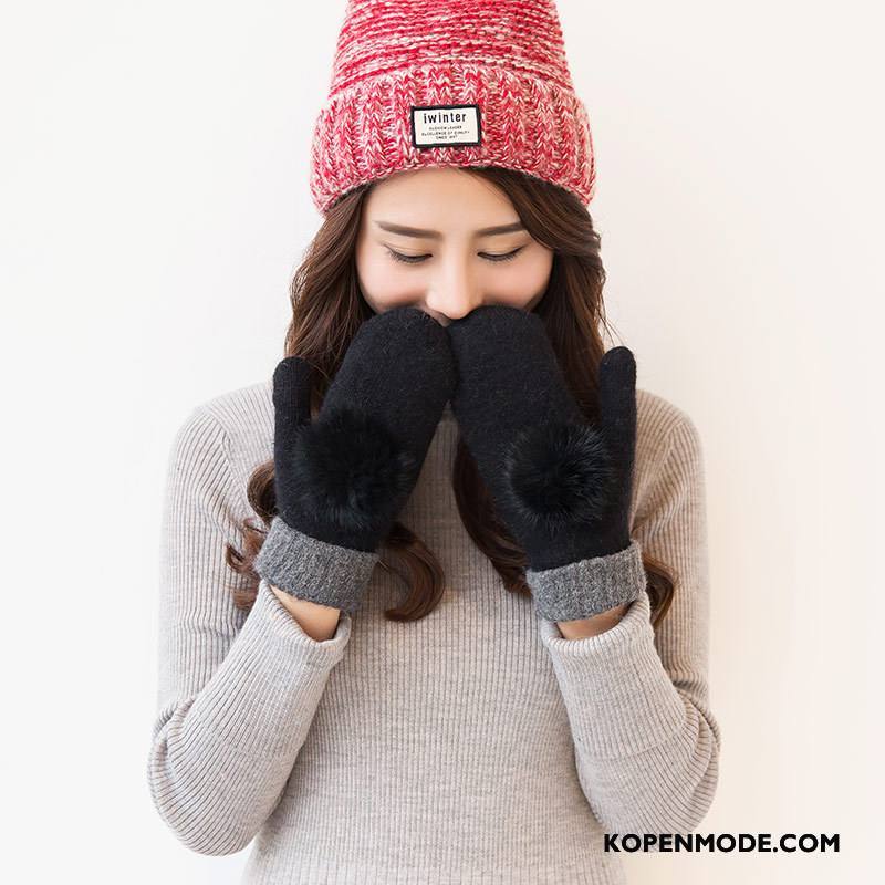 Handschoenen Dames Winter Schattig Verdikken Konijn Pluche Student Zwart