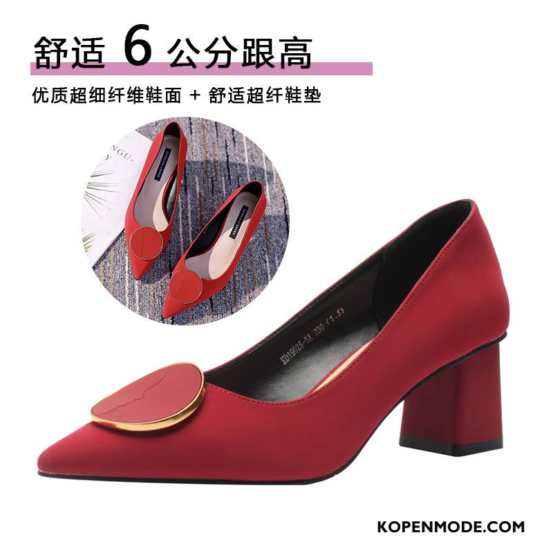 Hoge Hakken Dames Leer Vrouwen Pumps Dikke Zool Punt Schoenen Rood
