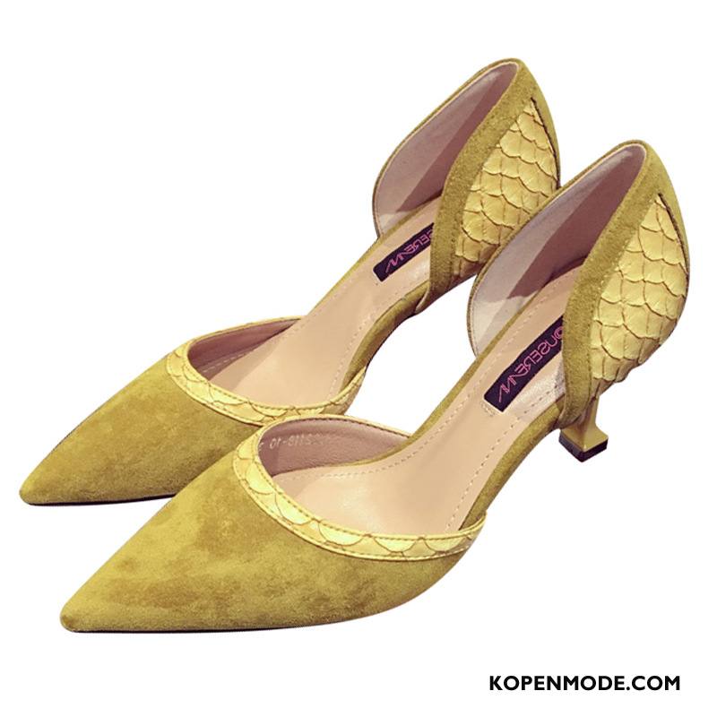 Hoge Hakken Dames Pumps Vrouwen Punt Schoenen Vintage Mode Geel Licht