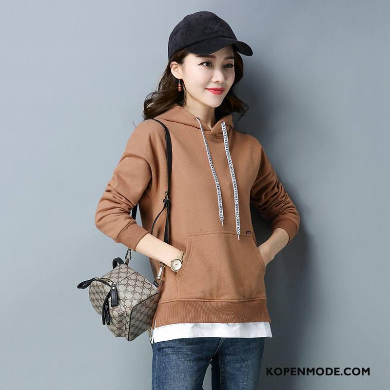 Hoodies Dames Winter 2018 Trend Stad Elegante Eenvoudige Effen Kleur Licht Bruin