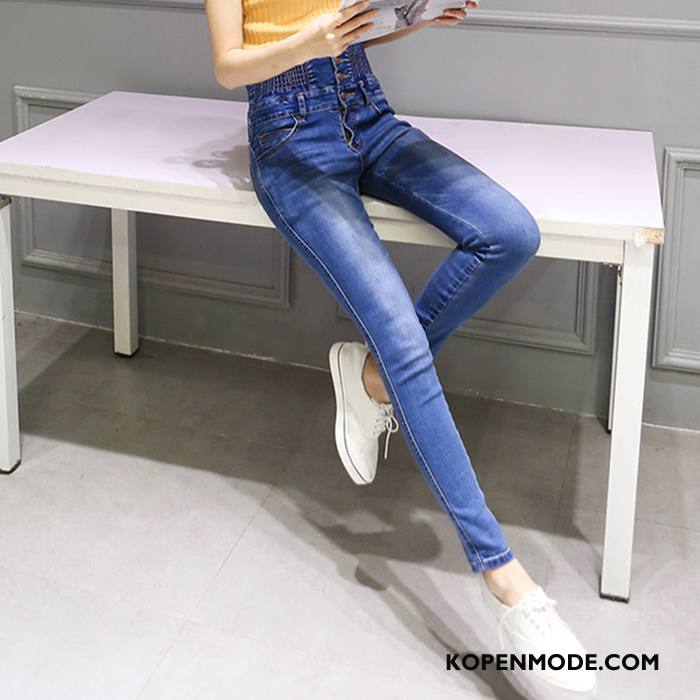 Jeans Dames Mode Voorjaar Potlood Broek Knopen Mid Taille 2018 Blauw