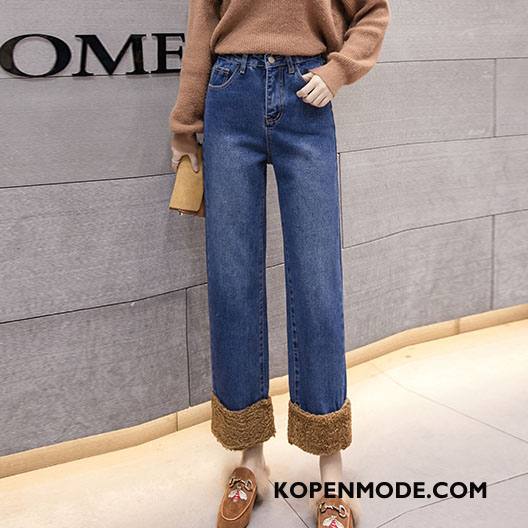 Jeans Dames Trend Rechtdoor Losse Comfortabele Mid Taille Eenvoudige Effen Kleur Blauw