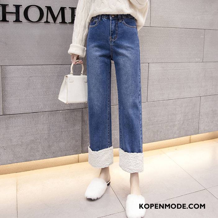 Jeans Dames Trend Rechtdoor Losse Comfortabele Mid Taille Eenvoudige Effen Kleur Blauw