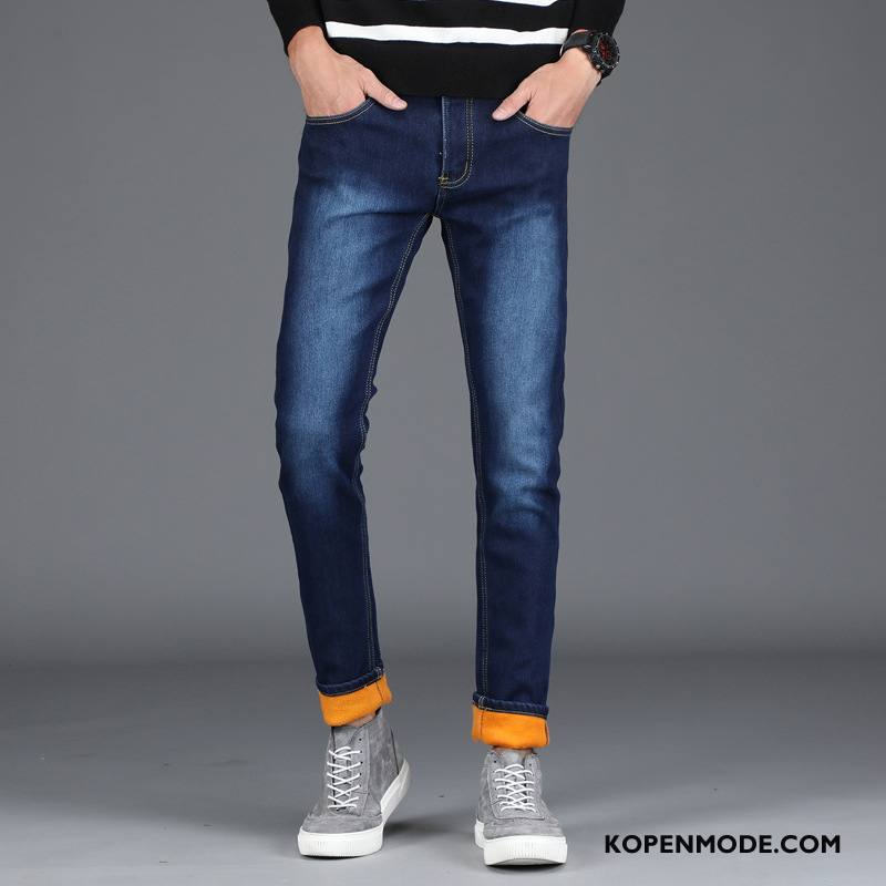 Jeans Heren Broek Winter Slim Fit Plus Kasjmier Mannen Denim Blauw