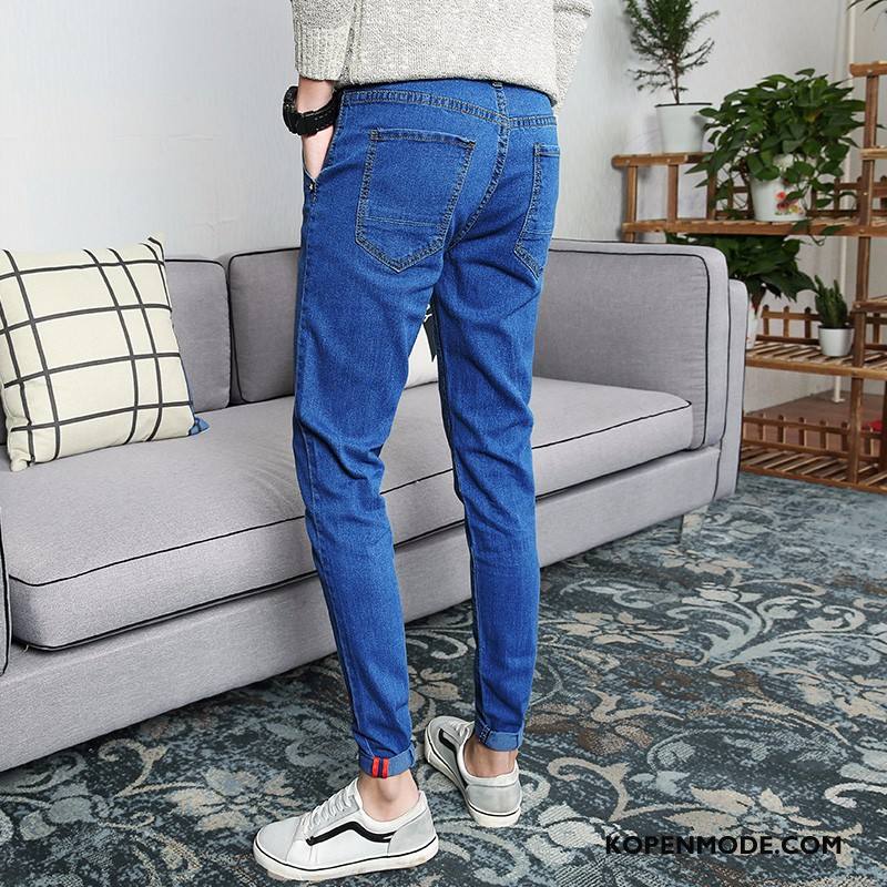 Jeans Heren Casual Potlood Broek Slim Fit Zomer Dunne Elastiek Donkerblauwe