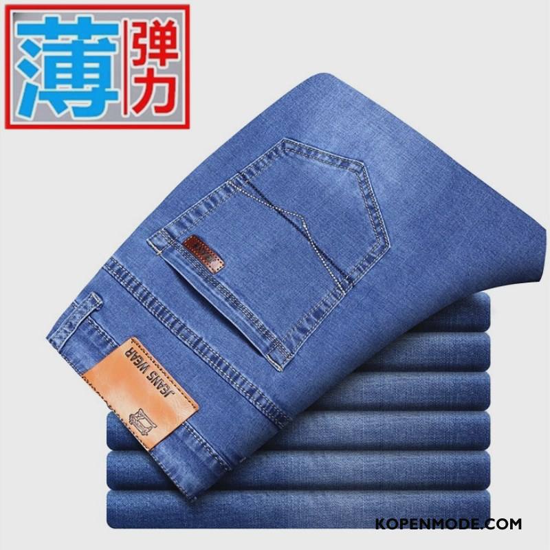 Jeans Heren Dunne Zomer Elastiek Spijkerbroek Jeans Lange Slim Fit Donkerblauw