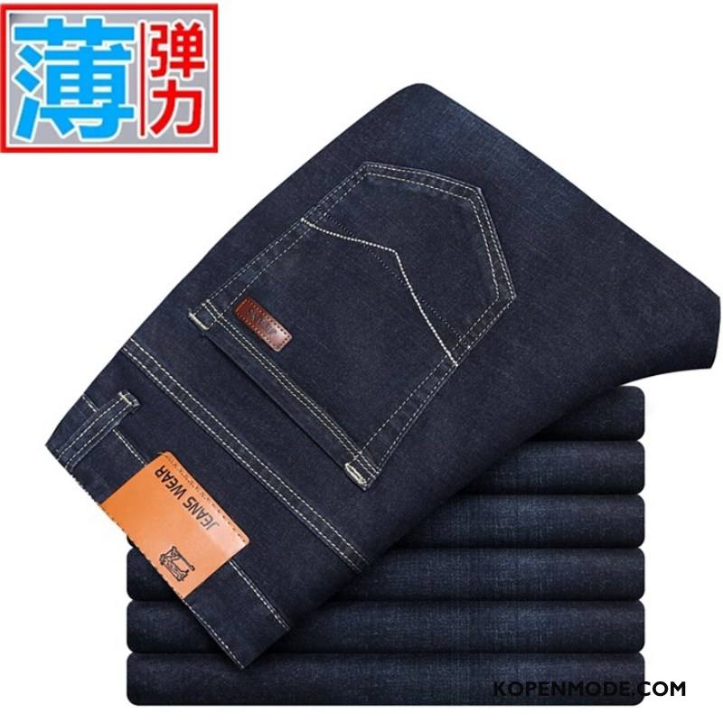 Jeans Heren Dunne Zomer Elastiek Spijkerbroek Jeans Lange Slim Fit Donkerblauw