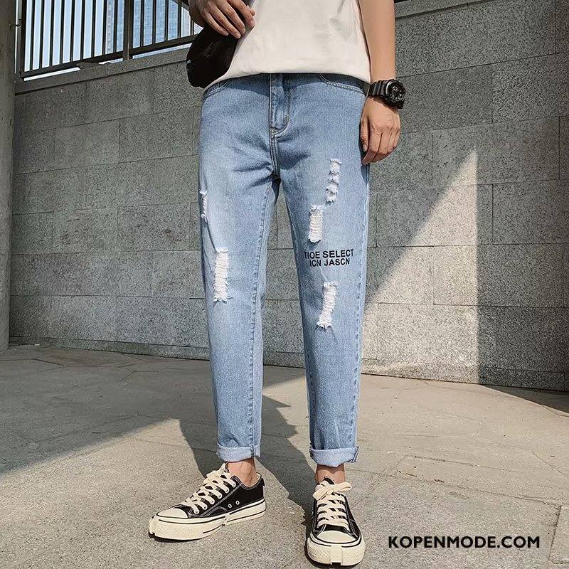 Jeans Heren Trendy Merk Dunne Zomer Gaten Mannen Spijkerbroek Jeans Blauw