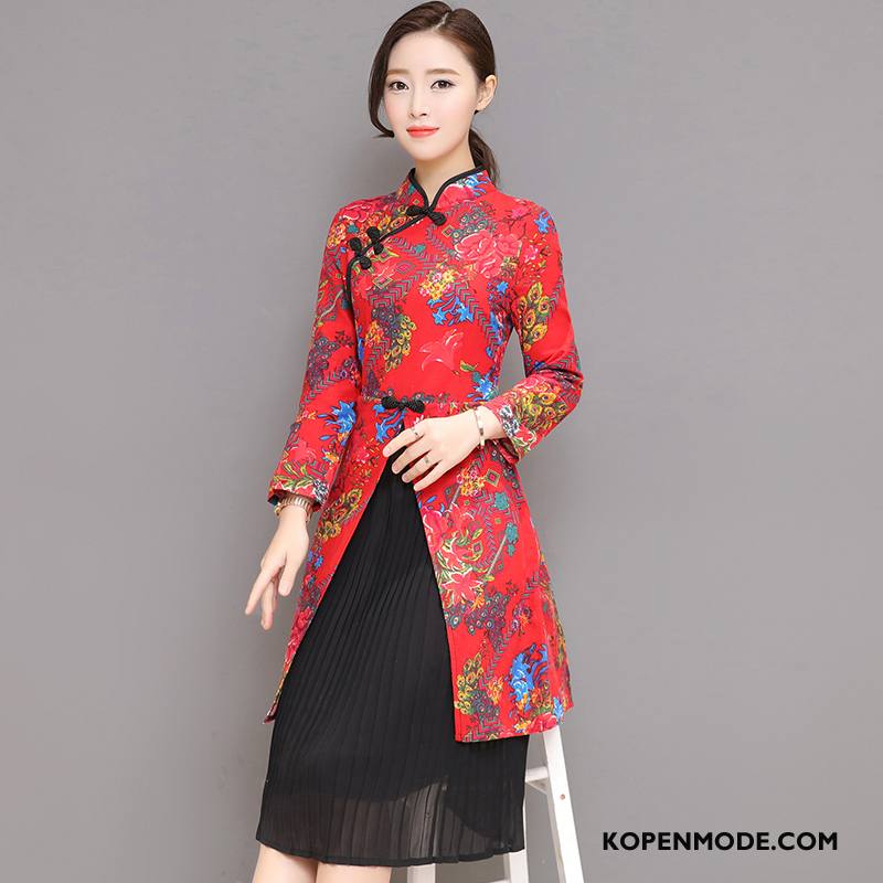 Jurk Dames Casual Gazen Lange Cheongsam Bloemen Elegante Rood