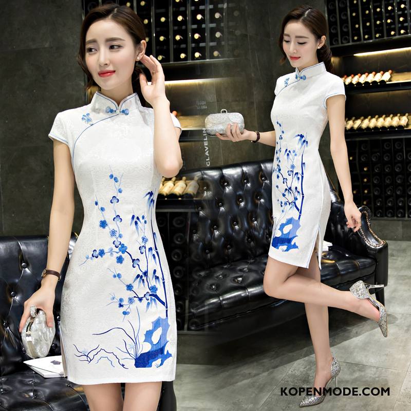 Jurk Dames Trend 2018 Gazen Cheongsam Kort Elegante Wit