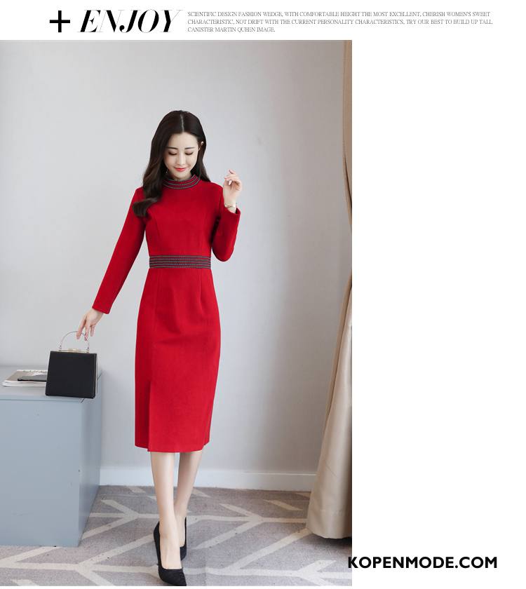 Jurken Dames Winter Elegante Slim Fit Jeugd 2018 Mode Roze Rood Effen Kleur