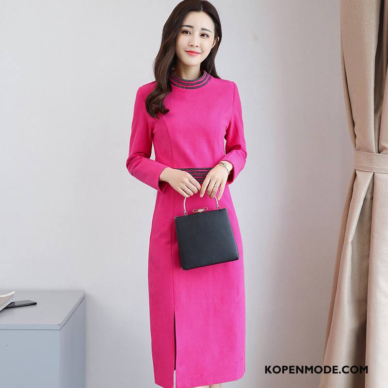 Jurken Dames Winter Elegante Slim Fit Jeugd 2018 Mode Roze Rood Effen Kleur