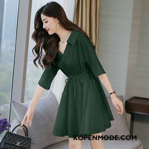 Jurken Dames Zomer Lang Pullover Elastiek Mouw 2018 Effen Kleur Purper