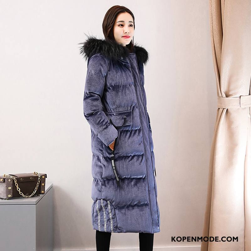 Katoenen Jas Dames Dikke Elegante Mode Winter Lang Lange Mouwen Blauw Grijs