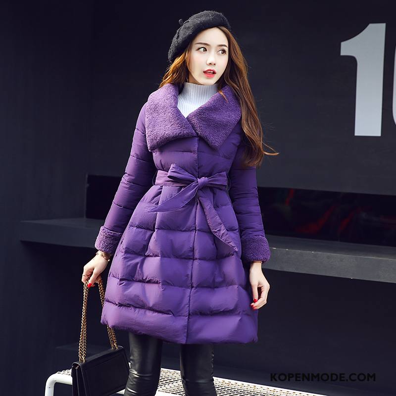 Katoenen Jas Dames Elegante Losse Lange Mouwen Zak 2018 Winter Effen Kleur Purper