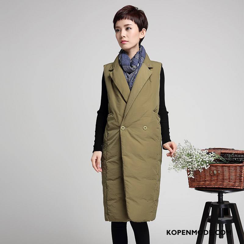 Katoenen Jas Dames Mode Mouwloos Winter Slim Fit Trend Een Knopen Effen Kleur Wit