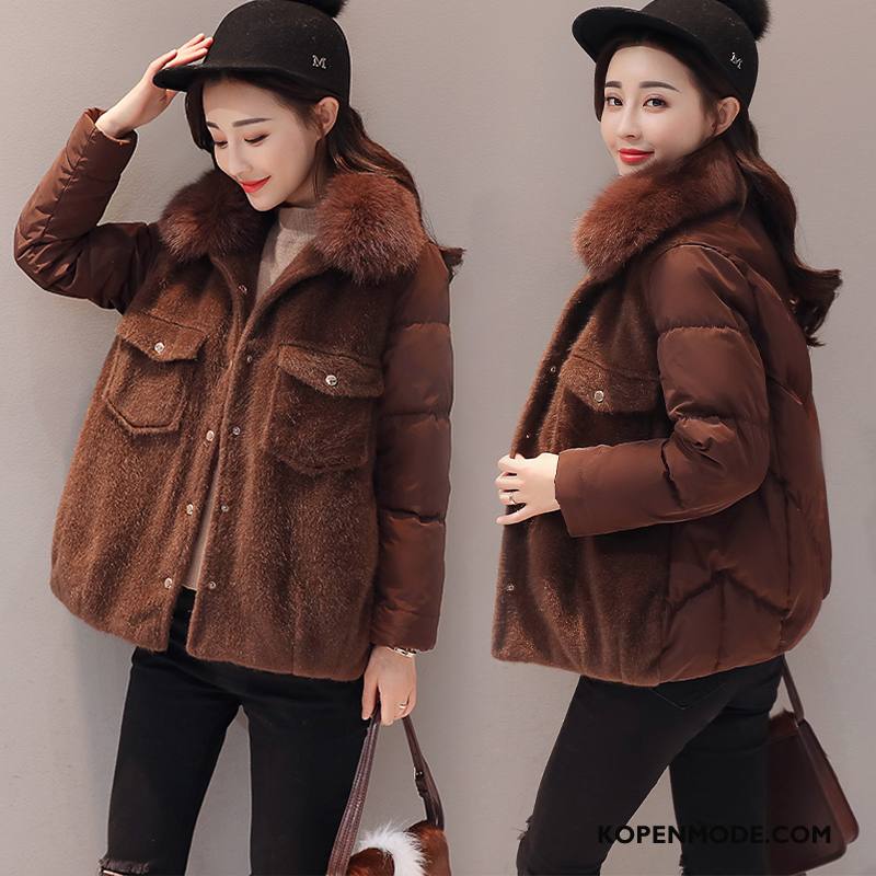 Katoenen Jas Dames Winter Casual Mode Lange Mouwen Trend Dikke Effen Kleur Bruine