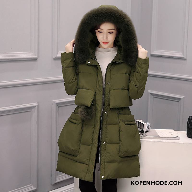 Katoenen Jas Dames Winter Elegante Lange Mouwen Populair Dikke Slim Fit Legergroene Effen Kleur