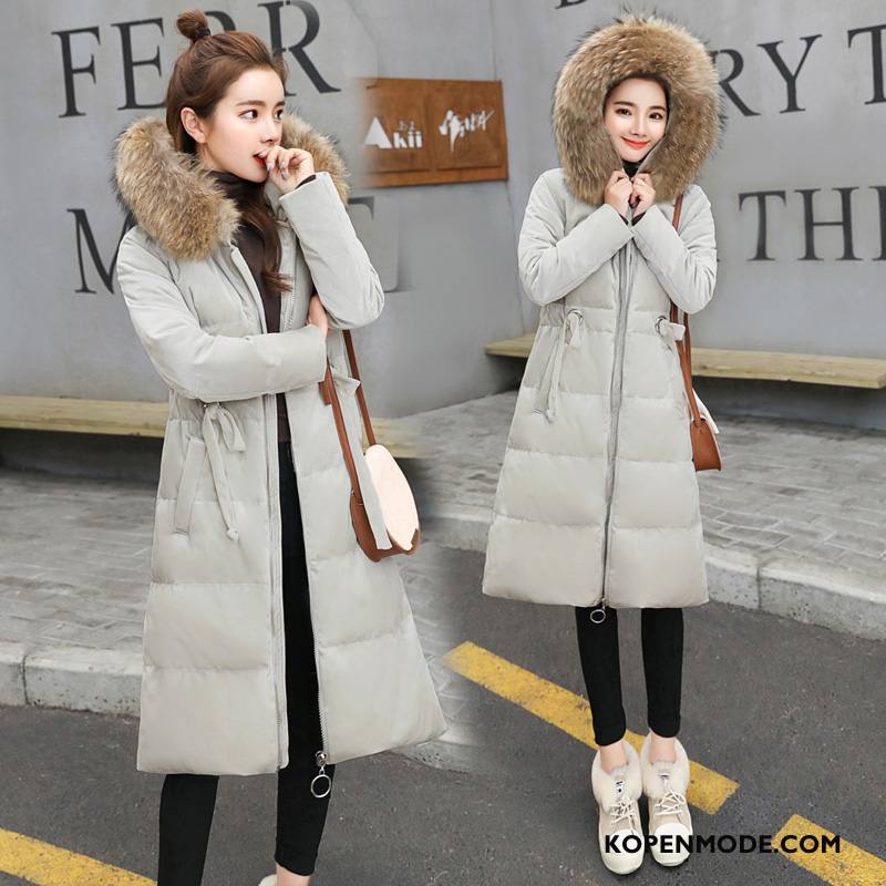 Katoenen Jas Dames Zak Lange Rits Winter Bontkraag 2018 Effen Kleur Grijs Beige
