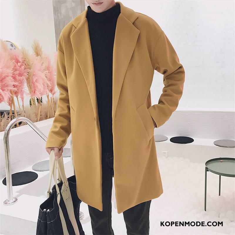 Katoenen Jas Heren Trenchcoat Lang Jas Wol Trend Student Overjas Effen Kleur Geel