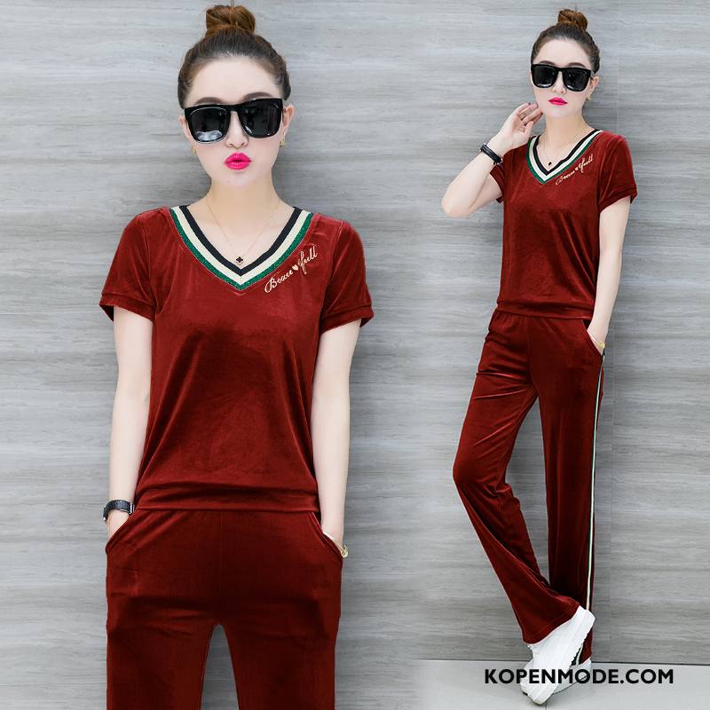 Kleding Grote Maten Dames 2018 Elegante Eenvoudige Vrouwen Pullover Korte Mouw Purper Rood