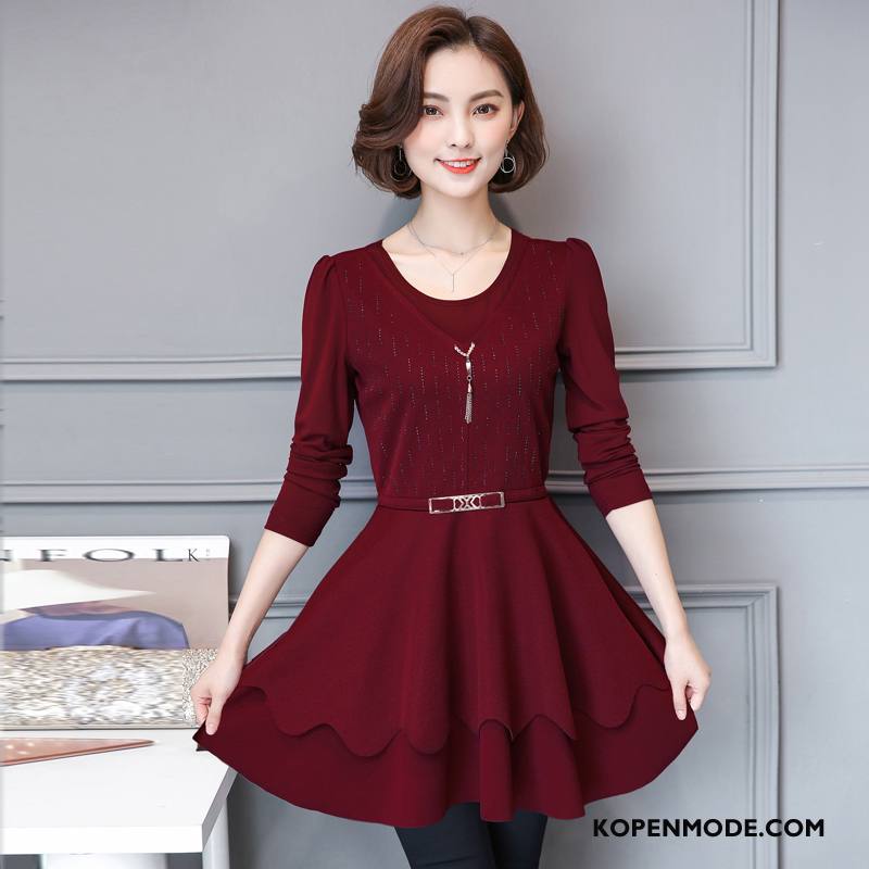 Kleding Grote Maten Dames Slim Fit Lang Vrouwen Pullover Herfst Kleermaker Effen Kleur Rood